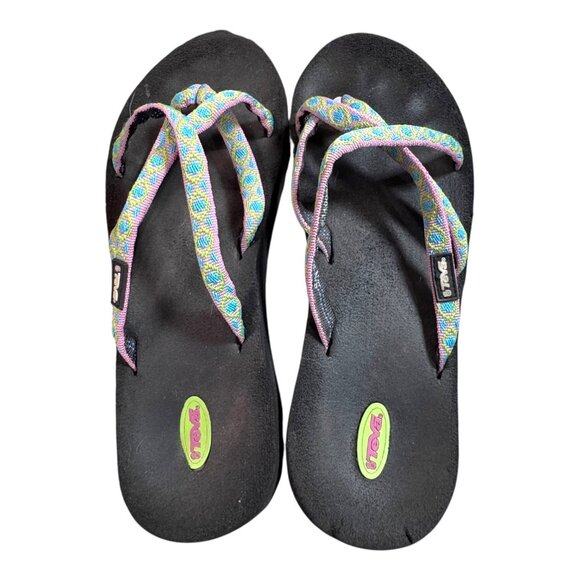 Teva Womens Multicolor Strappy Flip Flop Sandals Size 8 Olawahu Pink Green Blue - Picture 8 of 9